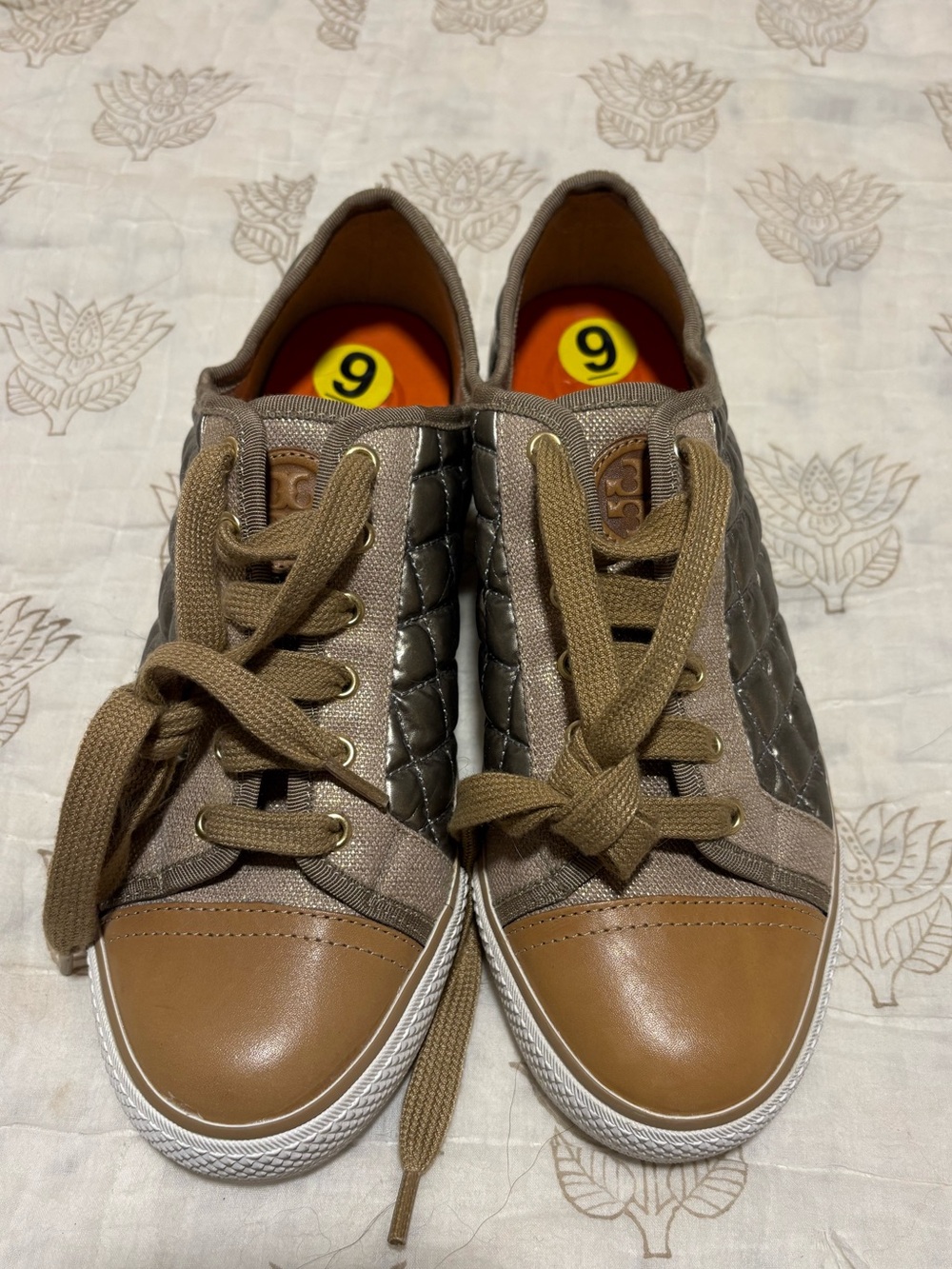 Tory Burch Quilted Brown and Tan Lace-Up Sneakers